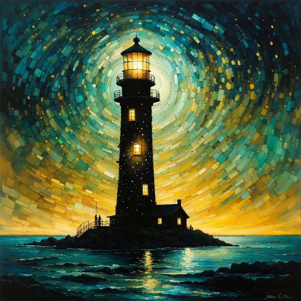 Magical Lighthouse at Night in Alcohol Ink Style