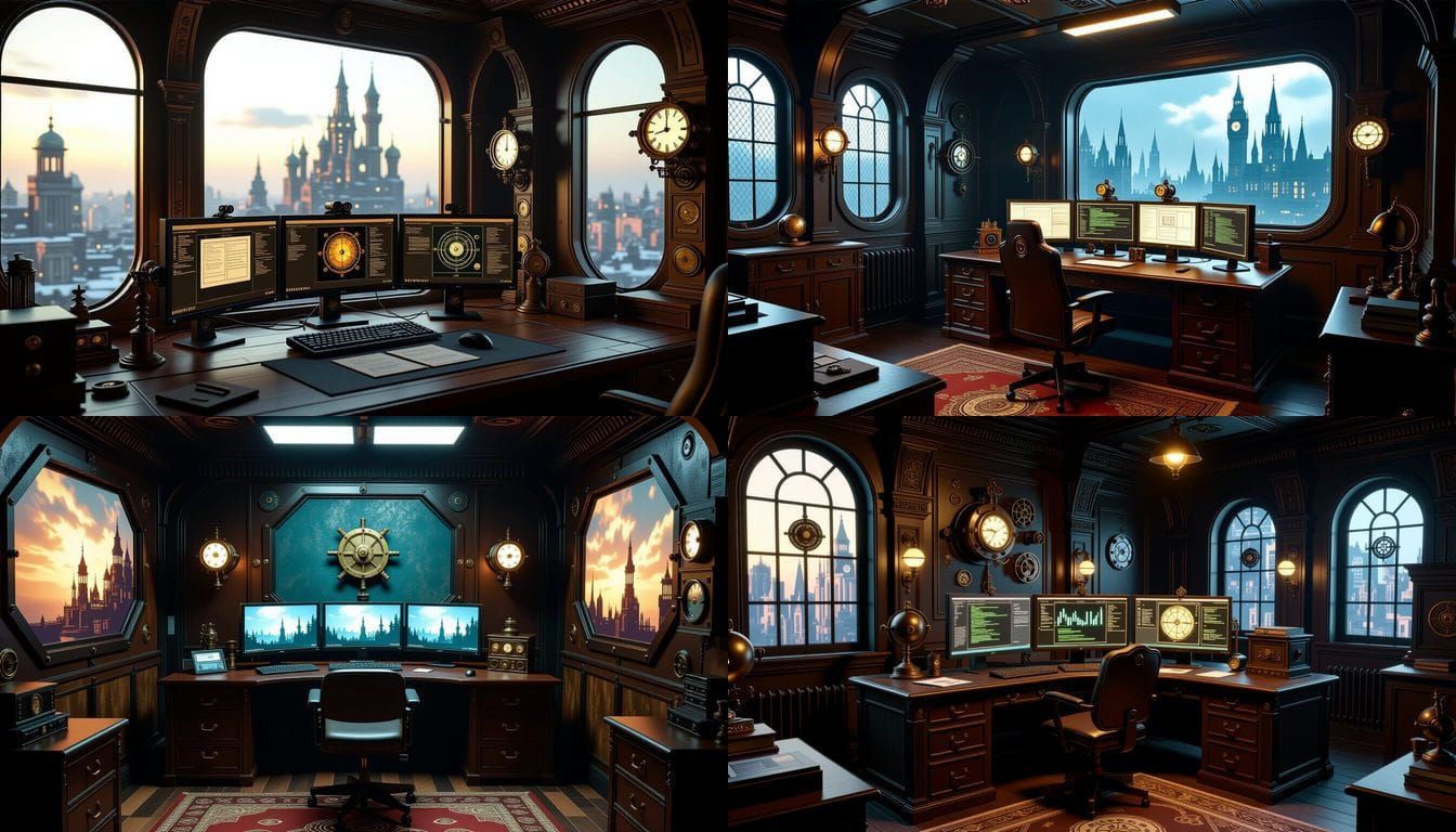 Steampunk Director's Room With Three Monitors