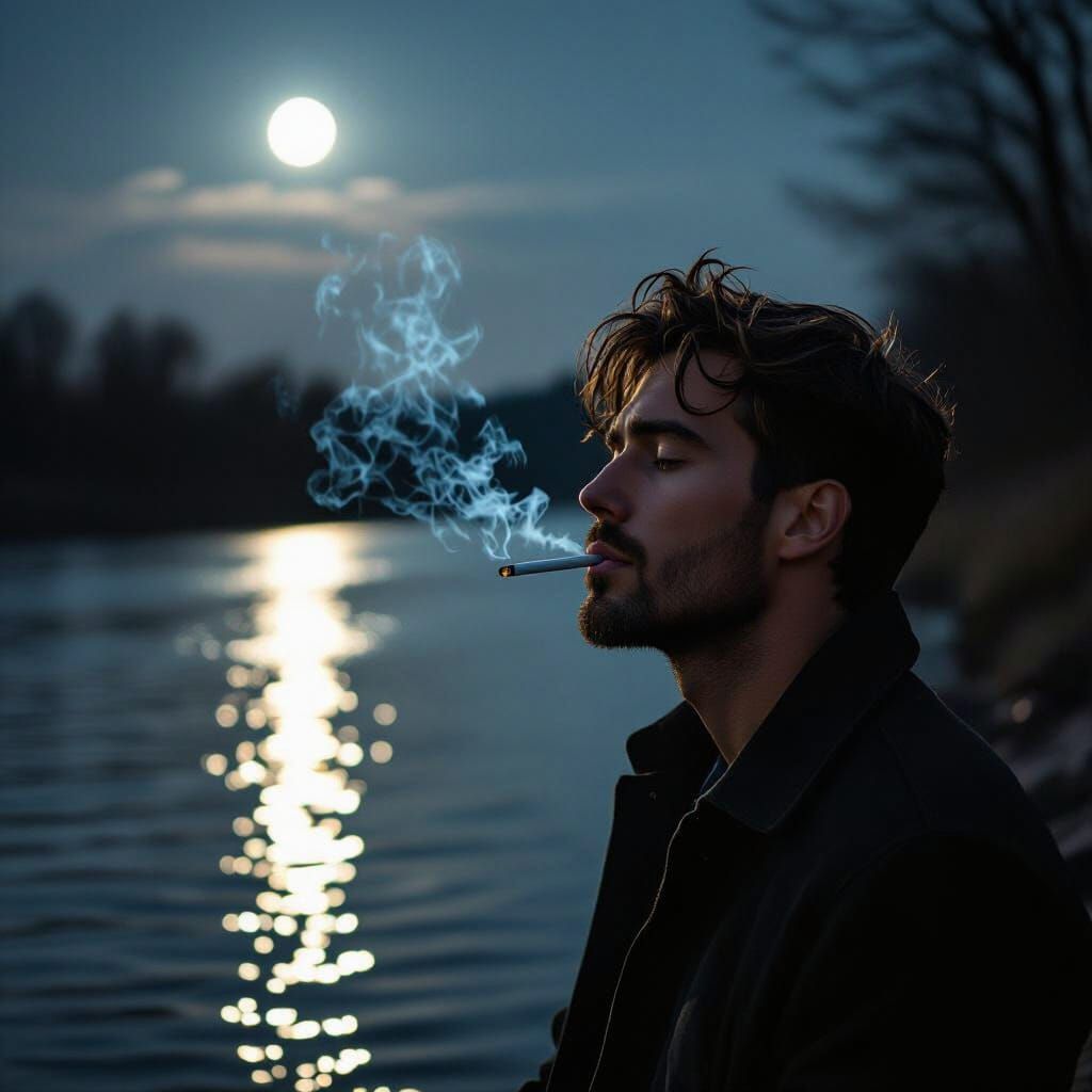 Man on Riverbank at Night, Reflecting in Moonlight