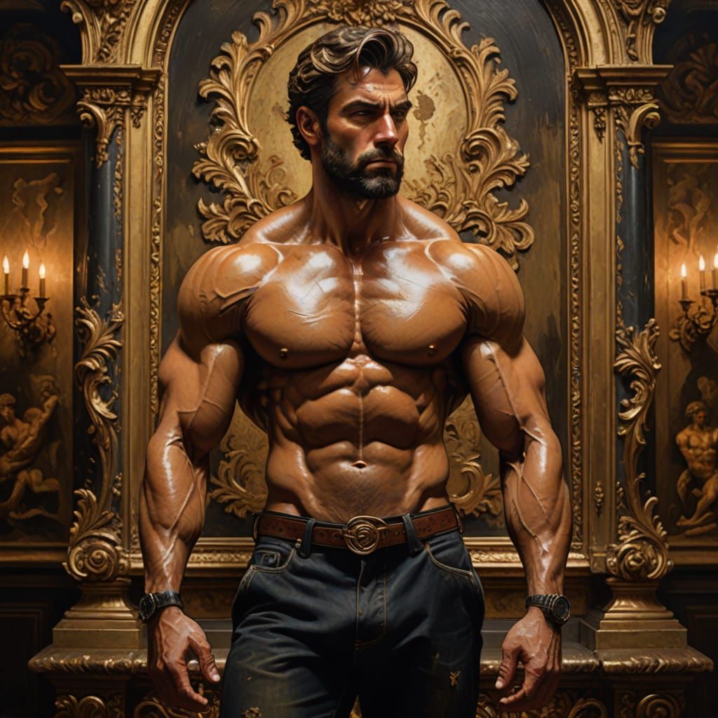 Muscular Man in Opulent Baroque Salon