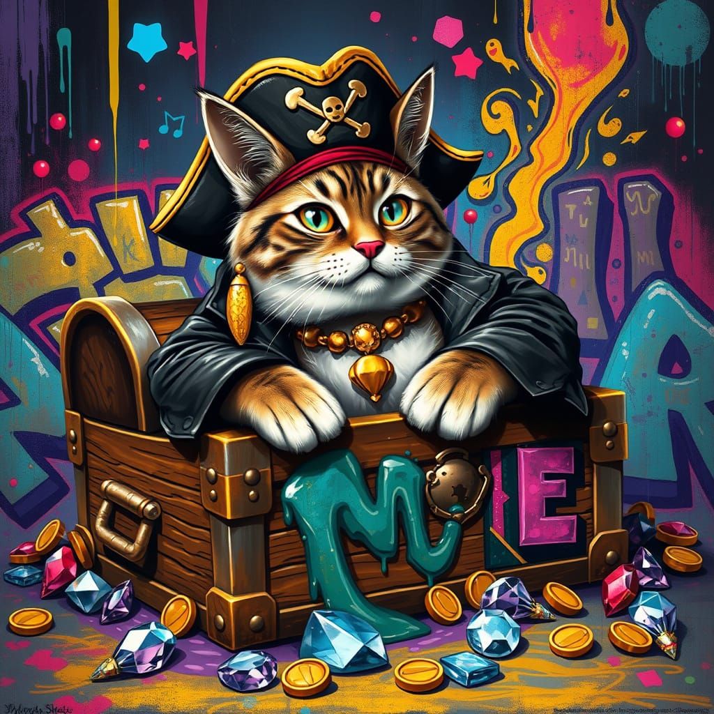 Fat Cat Swashbuckler in Basquiat-Inspired Street Art