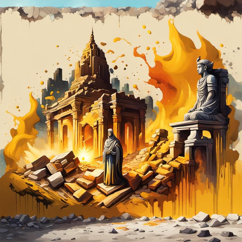 Ruined Temple in Desert Graffiti Art Style