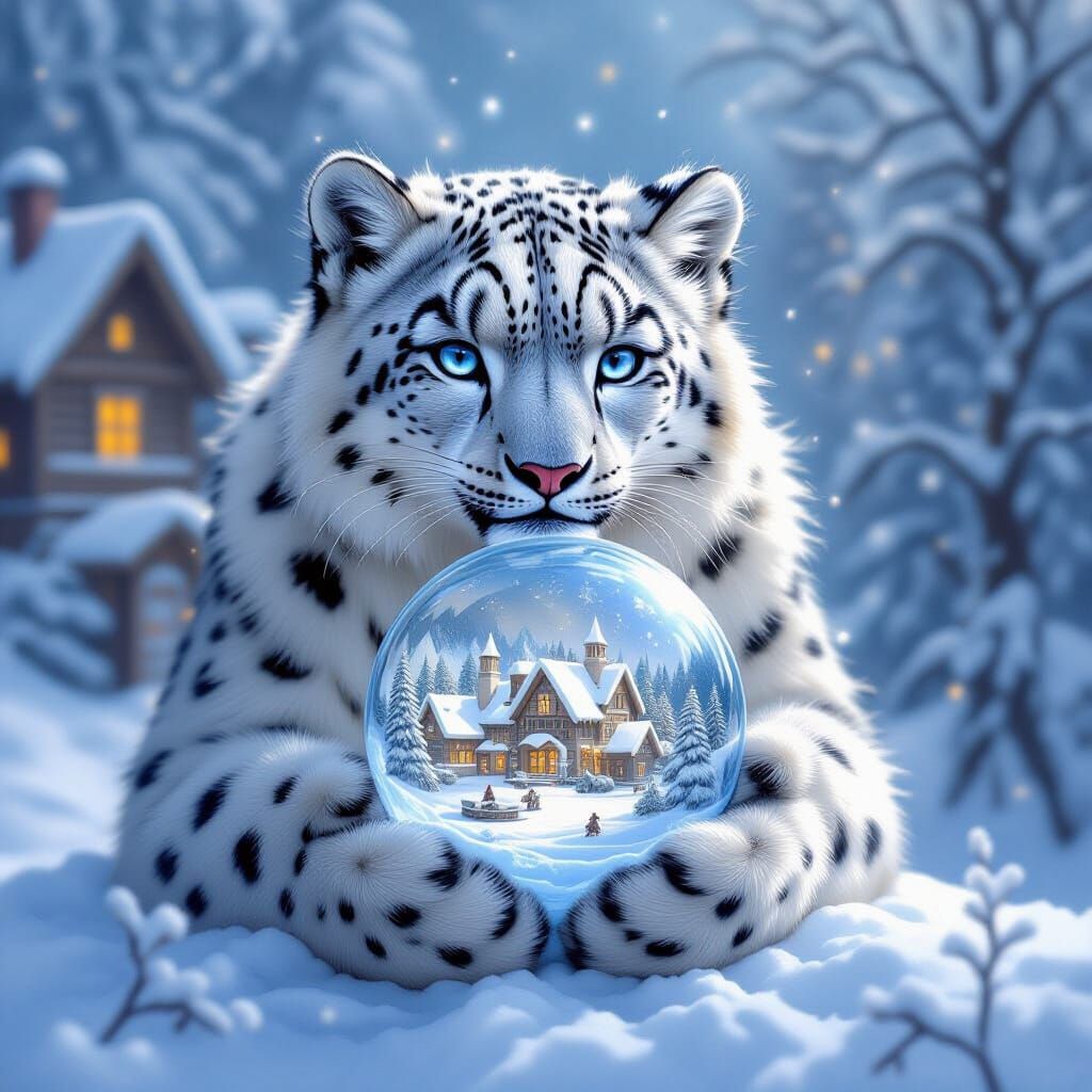 Snow Leopard Holding Fantasy Snow Village