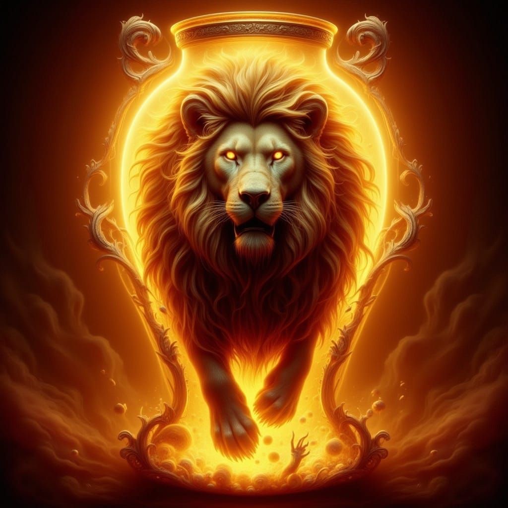 Lion Trapped in Jar: Fauvist Art Nouveau