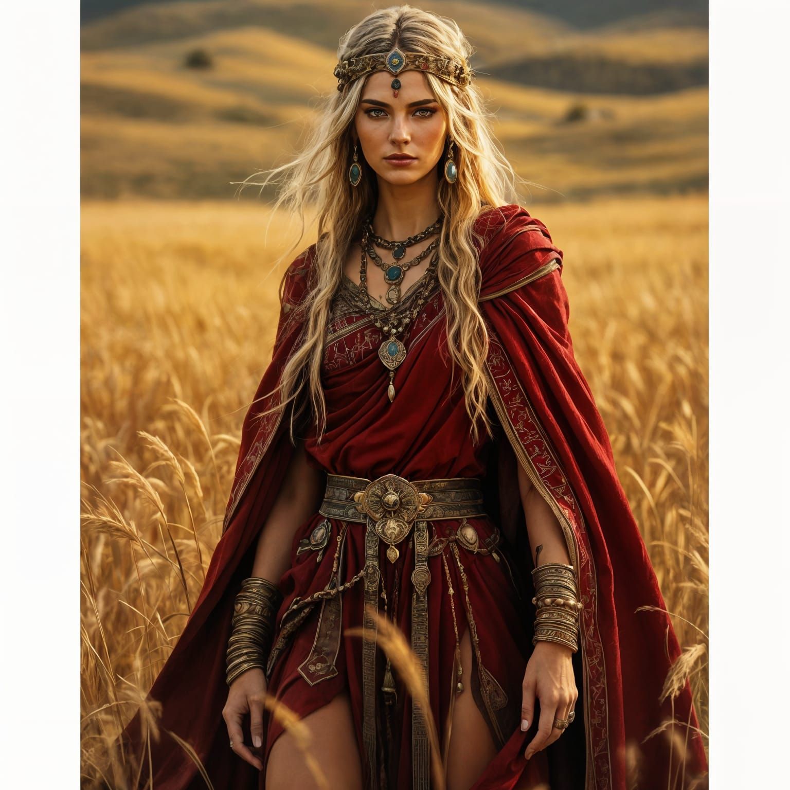 Sarmatian Priestess on Golden Steppes in Antiquity Style