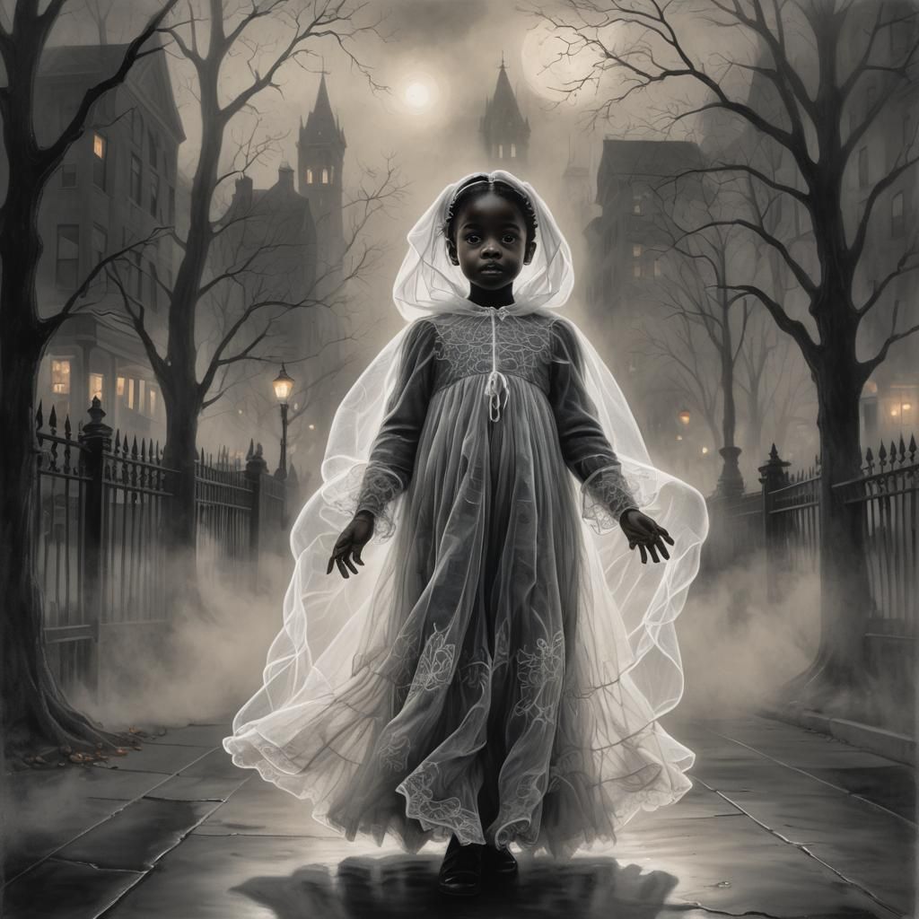 Eerie Halloween Ghost Scene in Chalk and Charcoal