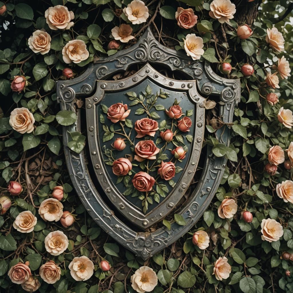 Decayed Rose Shield Under Tree: Cinematic Detail