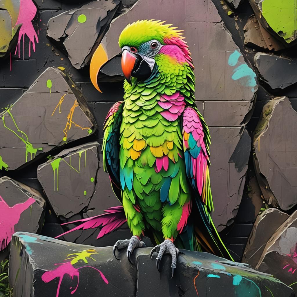 Neon Parrot Graffiti Art in Urban Style