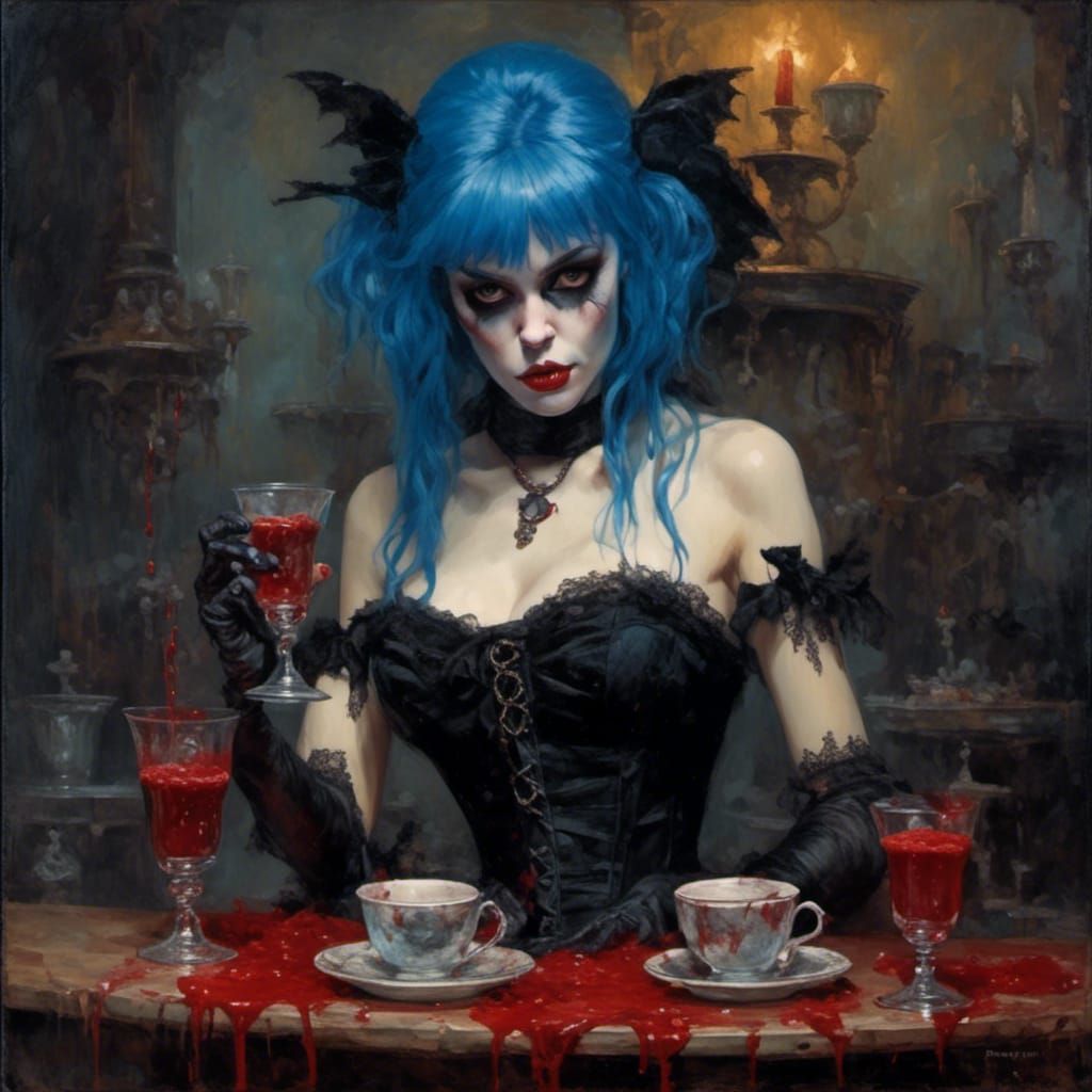 Blue-Haired Vampire in Corset, Oil Painting Style