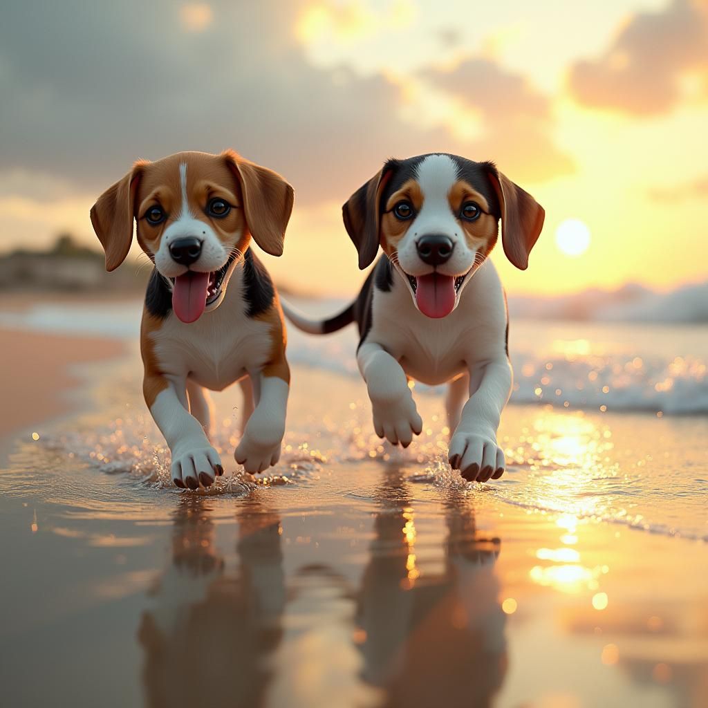 Beagles Playing at Sunset: Fantasy Art