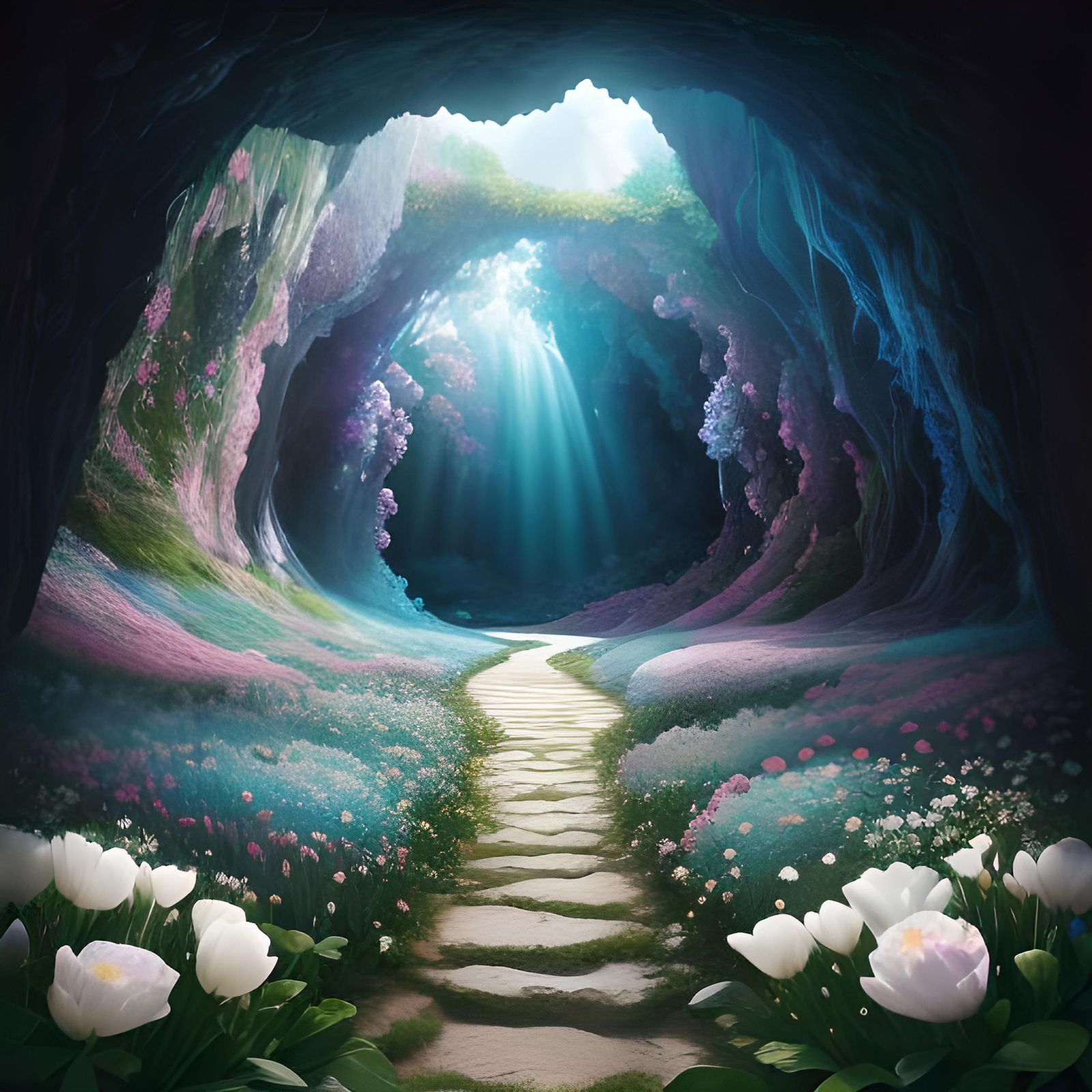 Magical Flower Cave in Surreal Style