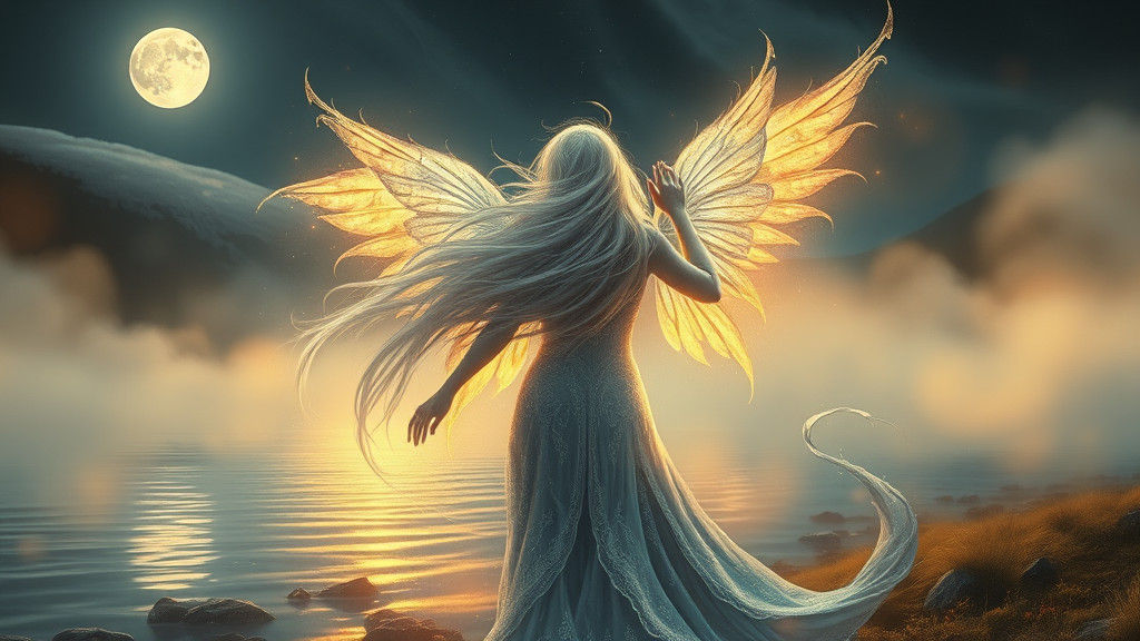 Mystical Woman with Silver Hair by Moonlit Lake