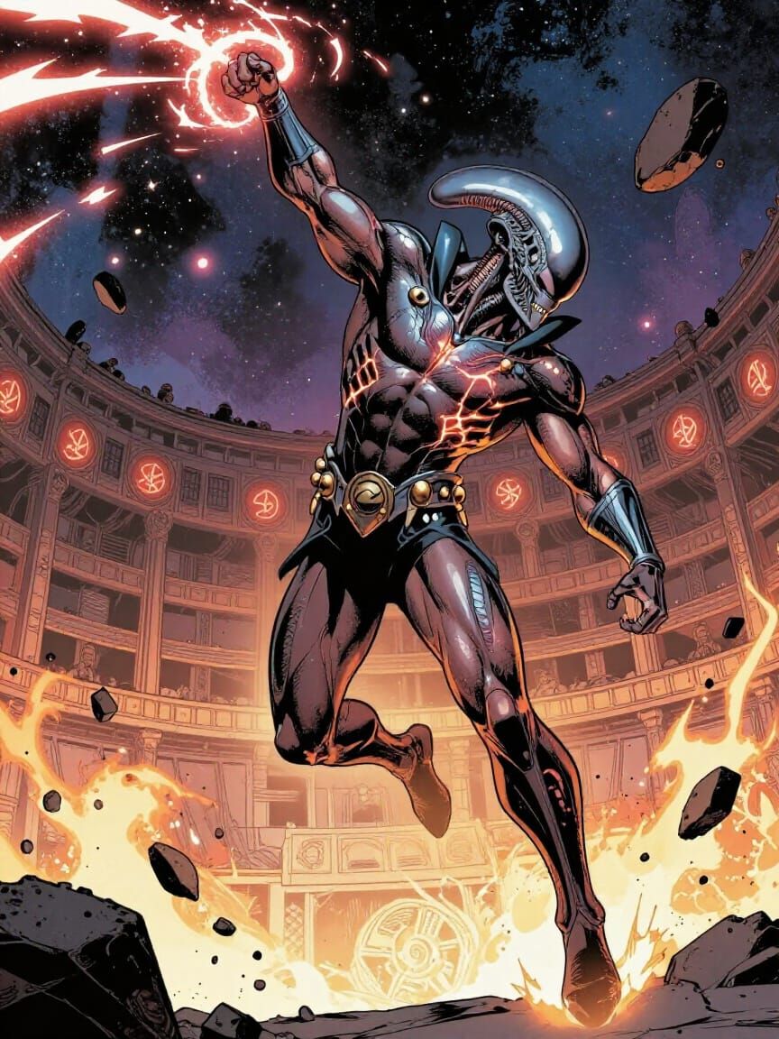 Alien Gladiator Leaping Through Cosmic Arena in Comic Style