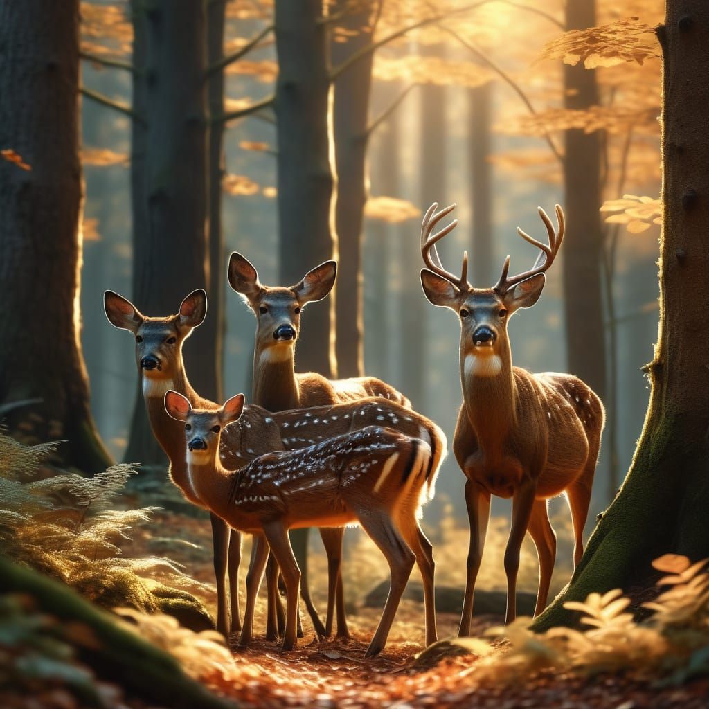 Deer Family in Forest: Photorealistic Wildlife Art