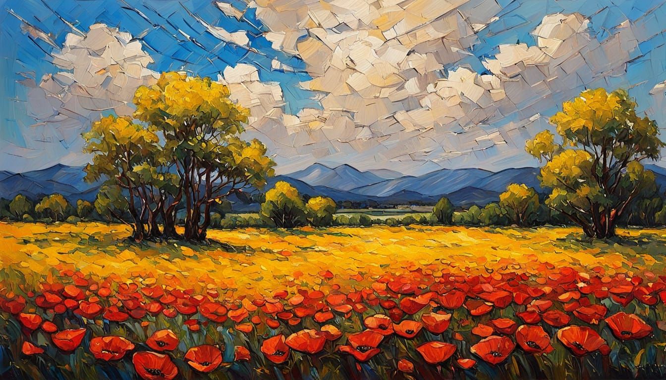 Vibrant Poppies Field in Rich Impasto Oil Painting Style