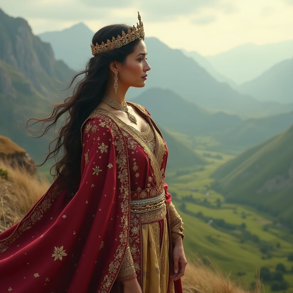 Majestic Arabian Queen Contemplates the Horizon in Golden Li...