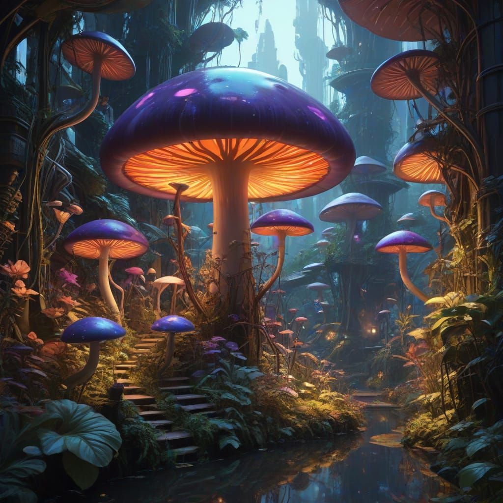 Solarpunk Village Within a Bioluminescent Mushroom