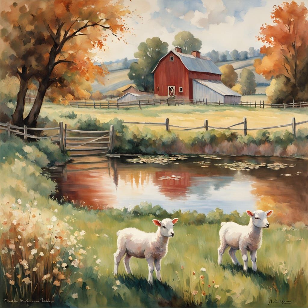 Two Lambs in an Autumn Watercolor Painting