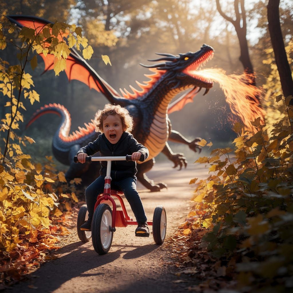 Child on Tricycle Escaping Dragon in Forest