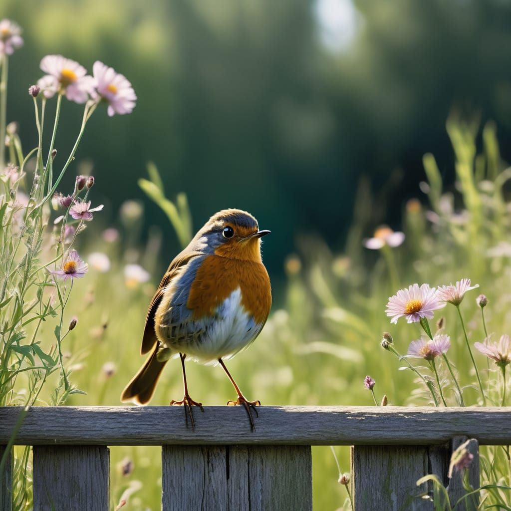 Fluffy Robin on Fence in Sunlit Meadow Watercolor