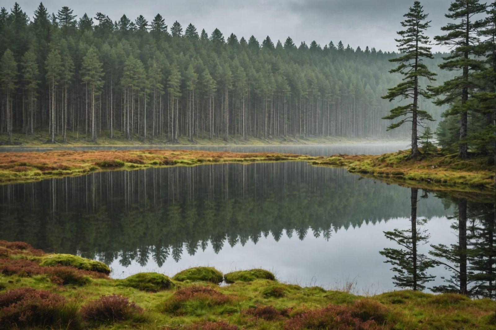 Misty Swedish Landscape with Pine Trees and Lake
