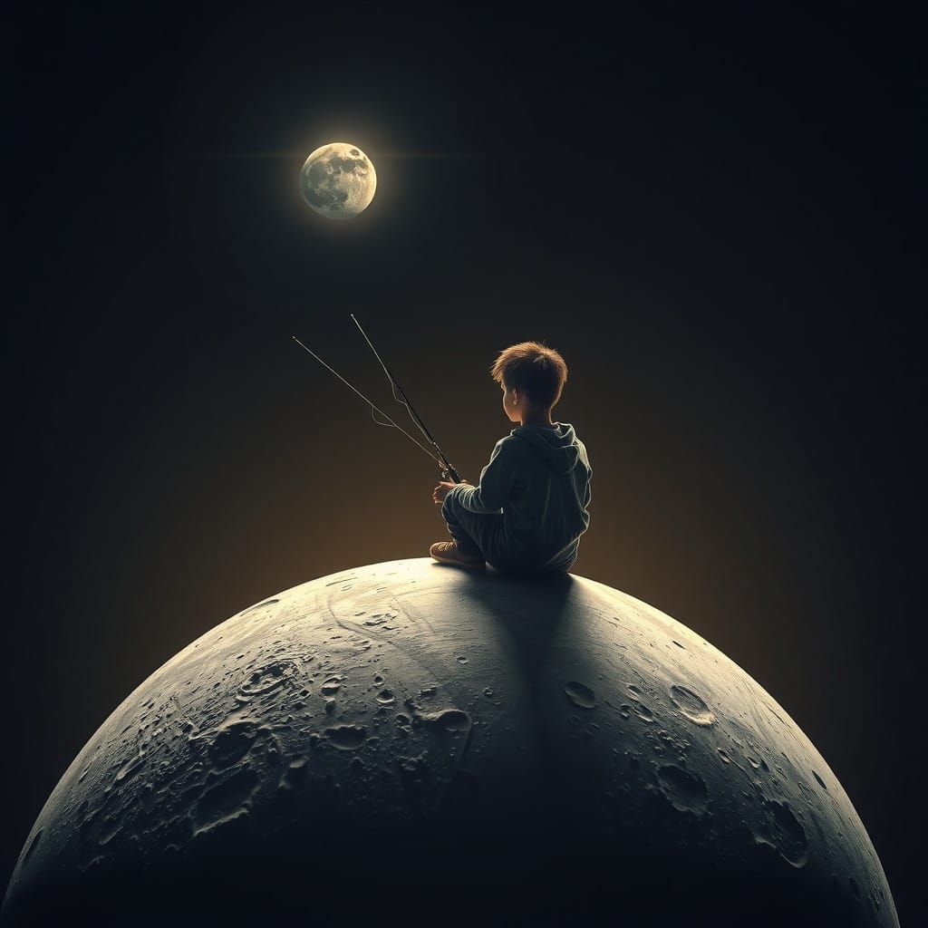 Serene Boy on the Moon in a Dreamy, Ethereal Atmosphere
