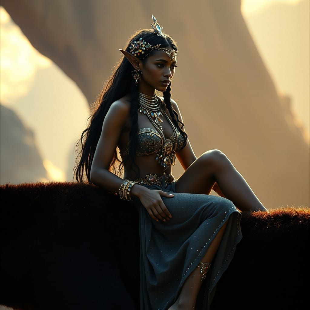Surreal African Elf Maiden on Majestic Black Panther