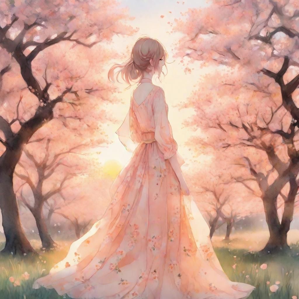 Gentle Peach Girl in Dreamy Orchard at Dusk
