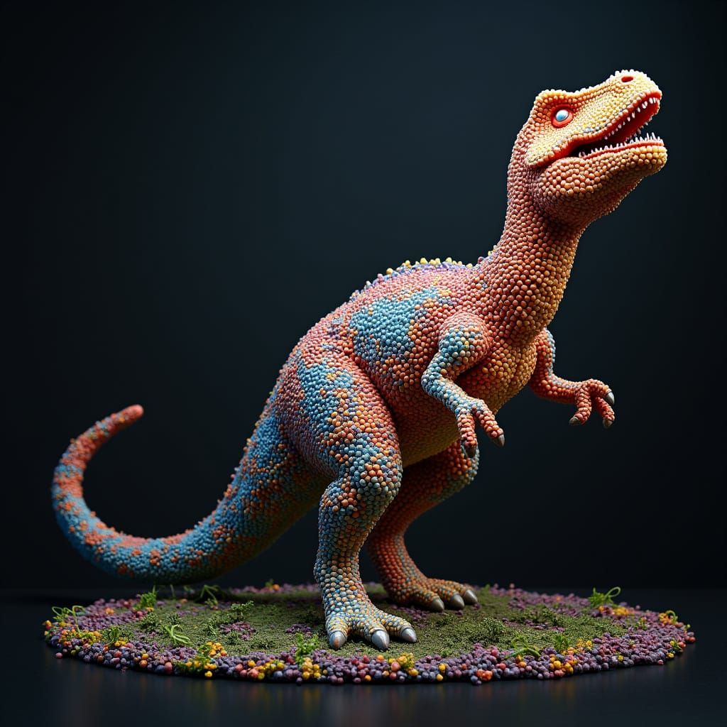 Dramatic Beaded Dinosaur Sculpture in 2D Bead Art Style