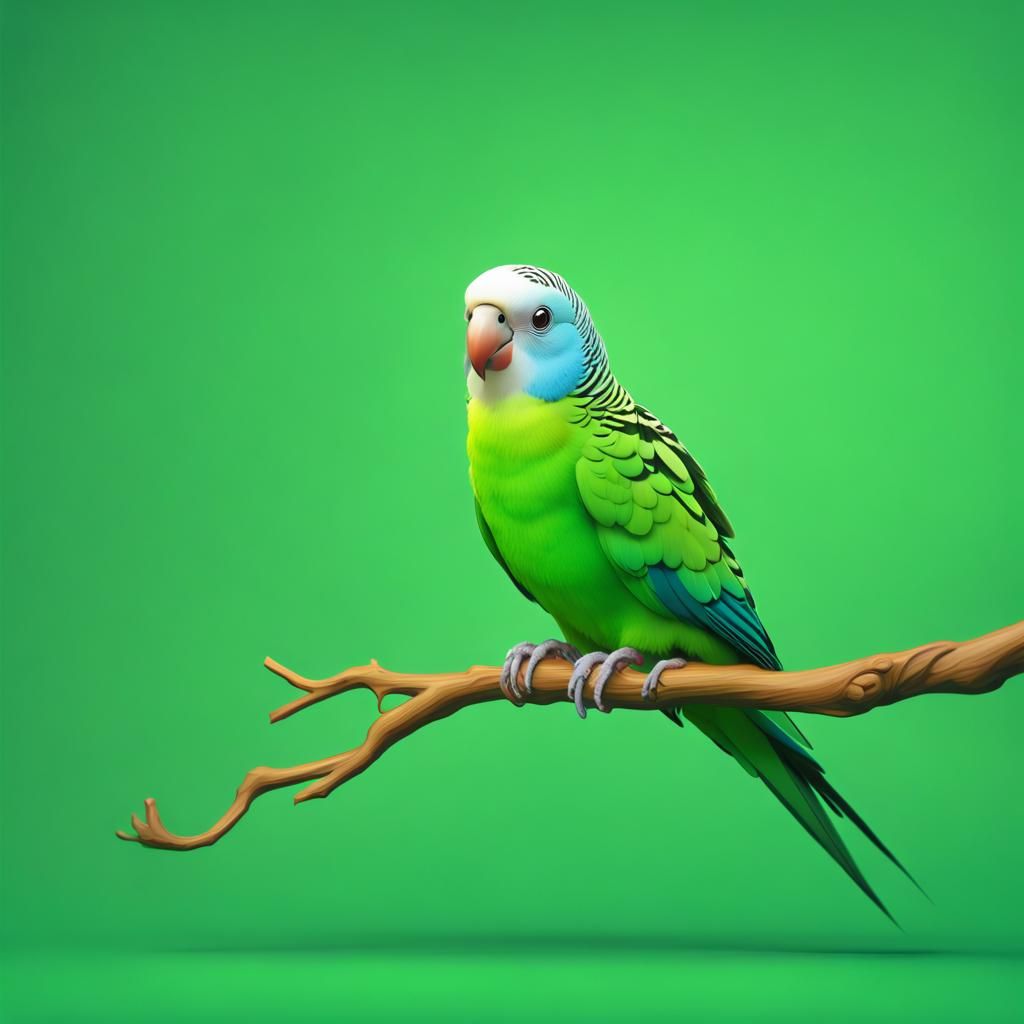 Parakeet on Green Background, Minimalist Cartoon Style