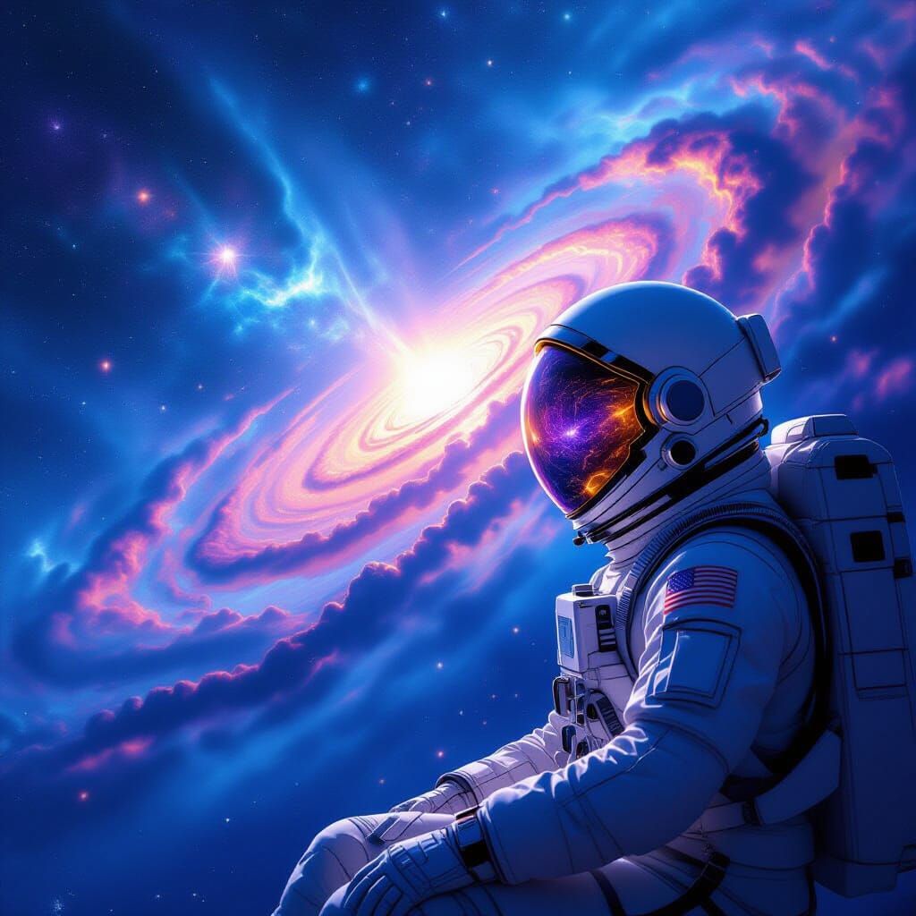 Astronaut Adrift in Cosmic Nebula Reflecting Galaxy