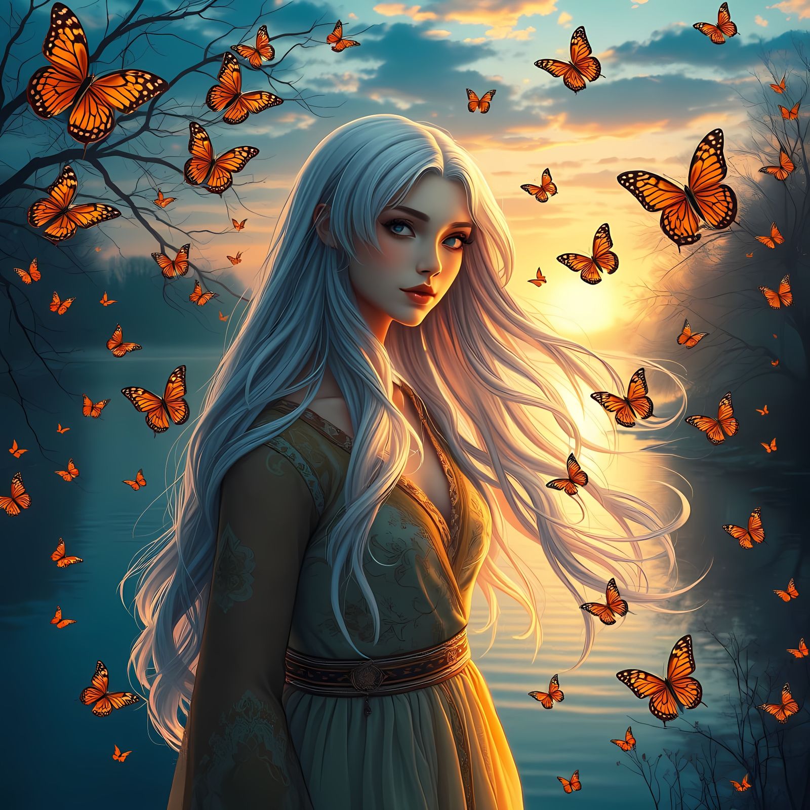 Woman with Butterflies: Art Nouveau Style