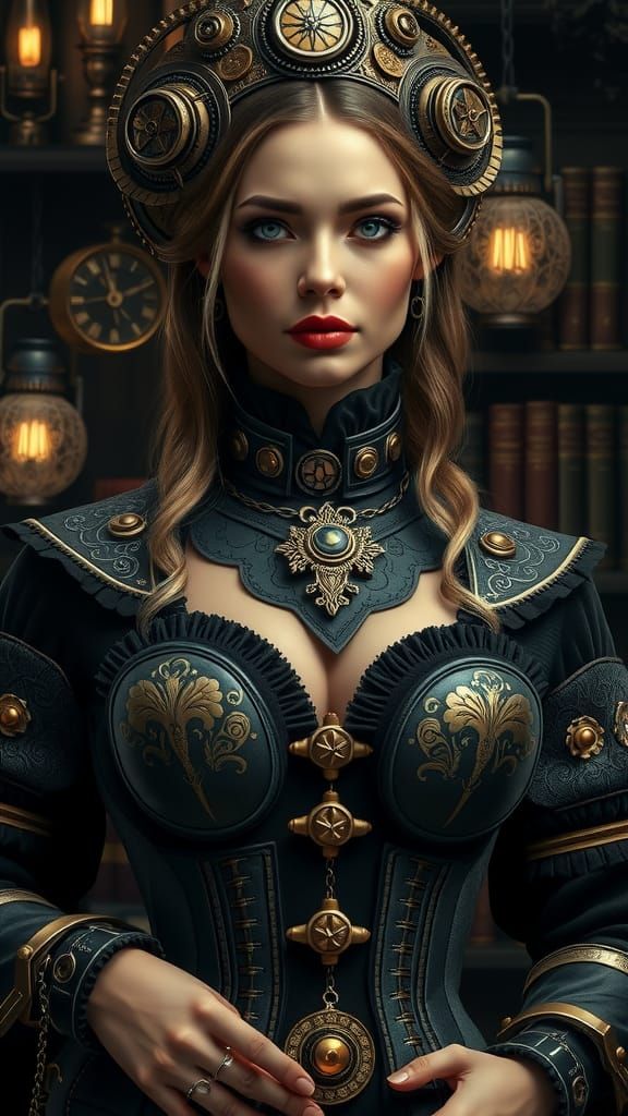 Steampunk Goddess of Wisdom in Dark Academia Style
