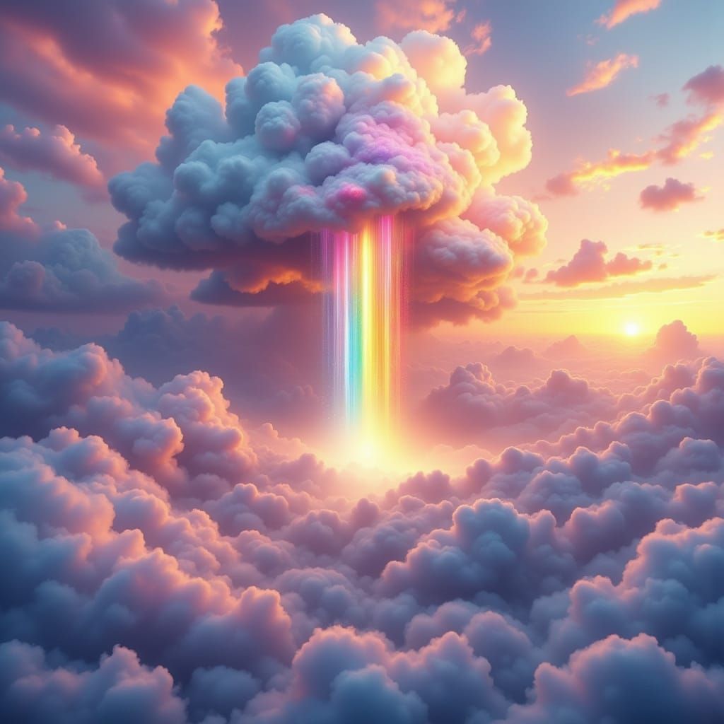 Prismatic Rainbow Waterfalls in Sunset Clouds