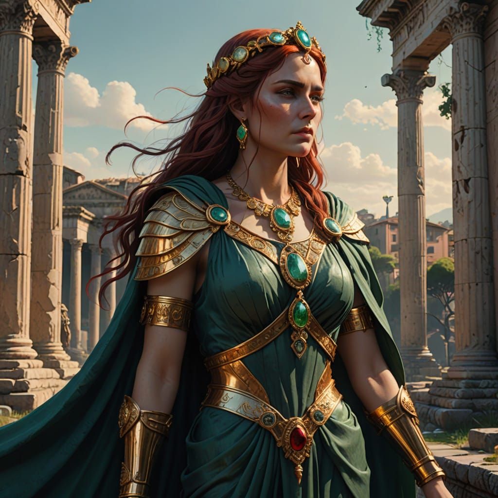 Ancient Roman Priestess in Golden Robes, Emerald Eyes, and G...