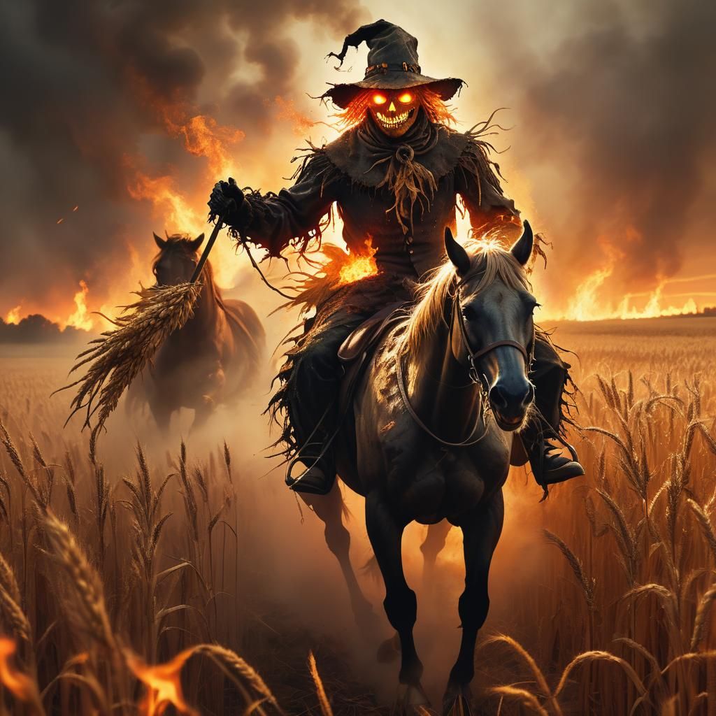 Fiery Haunted Scarecrow Rides Demonic Horse