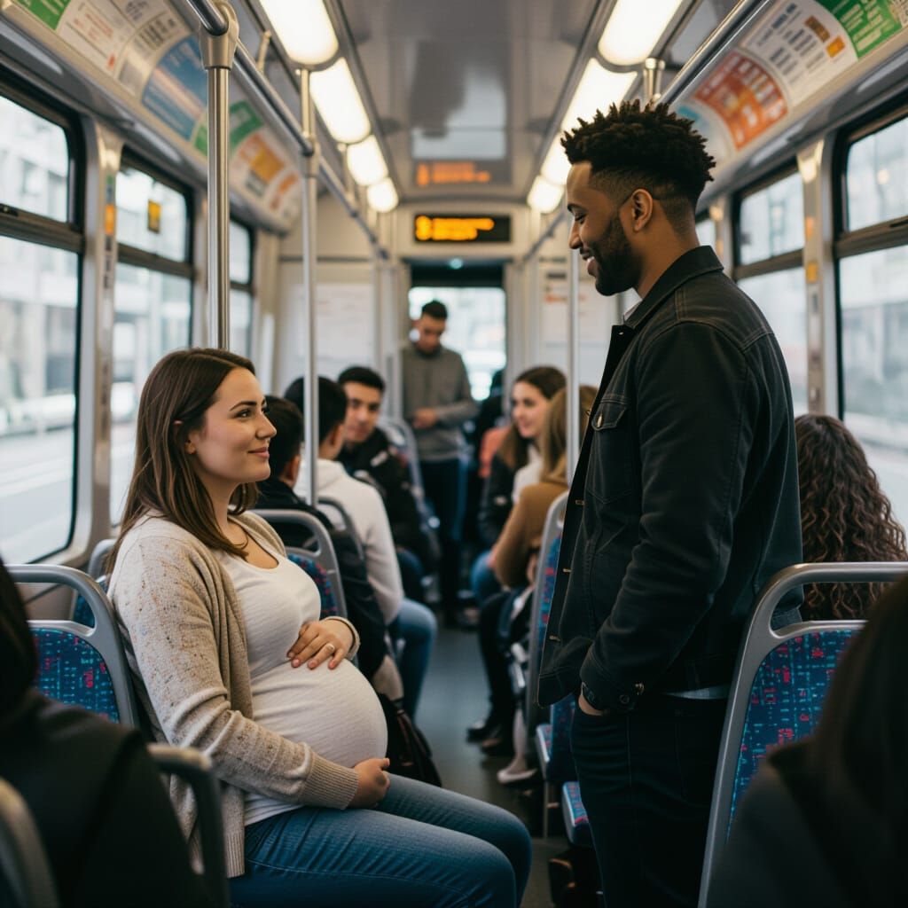 Man Offers Seat to Pregnant Woman on Crowded Bus
