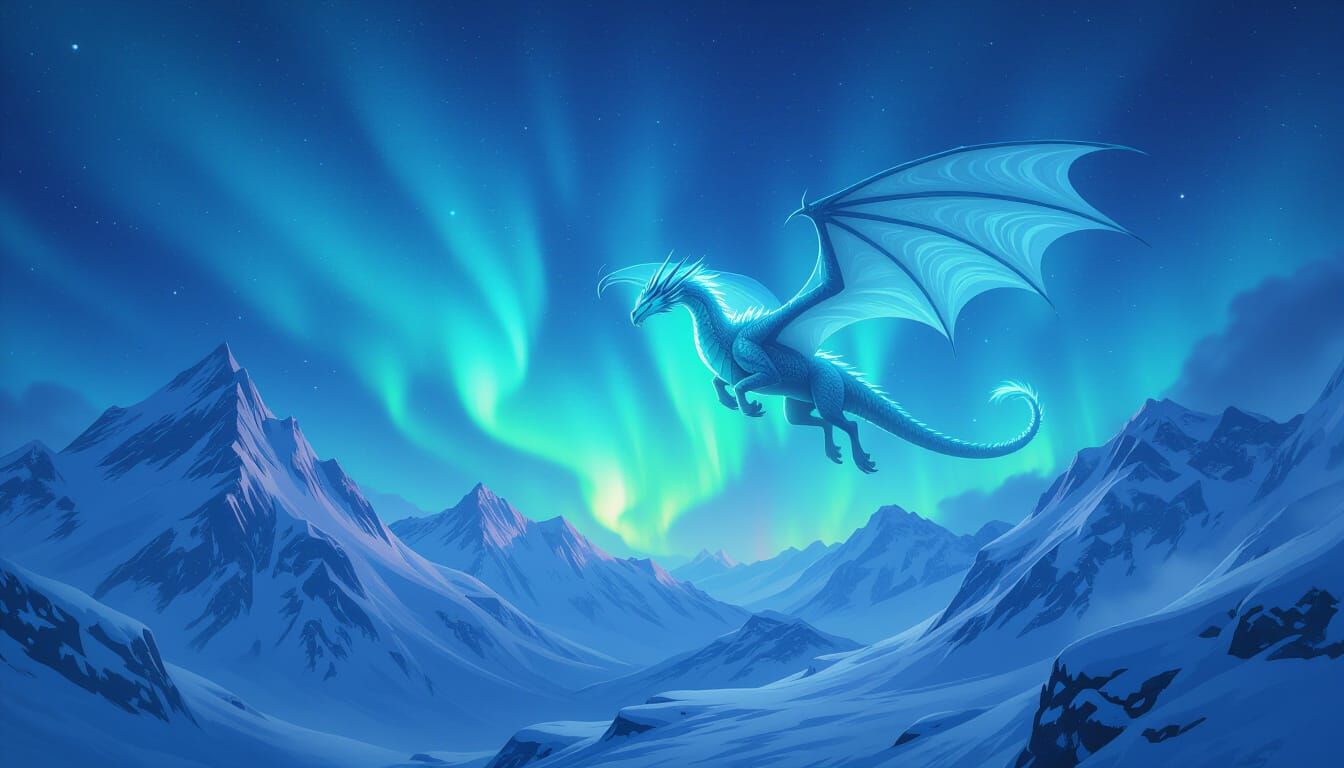 Majestic Ice Dragon Soars Under Aurora Borealis