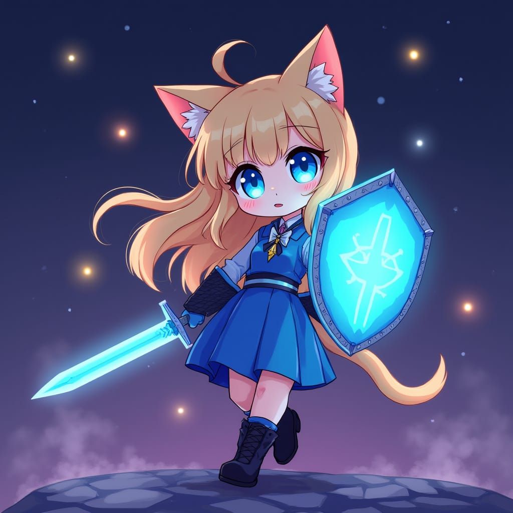 Anime Catgirl Warrior with Glowing Dagger and Shield