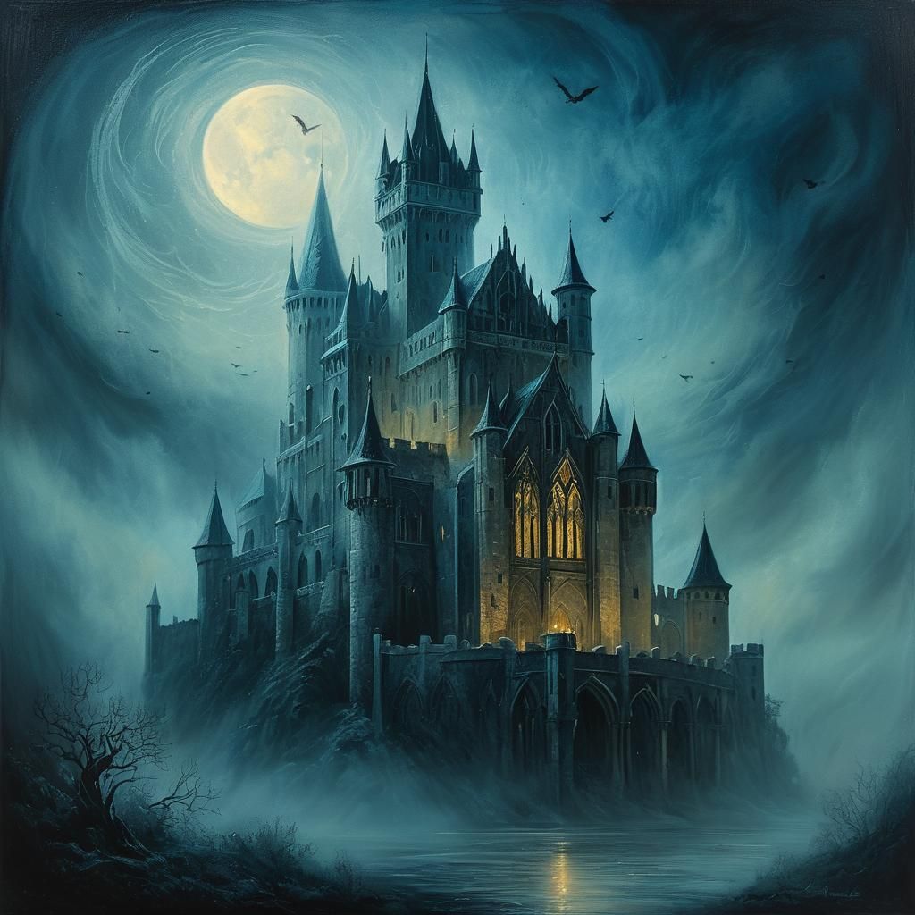 Mystical Gothic Castle in Moonlight and Fog