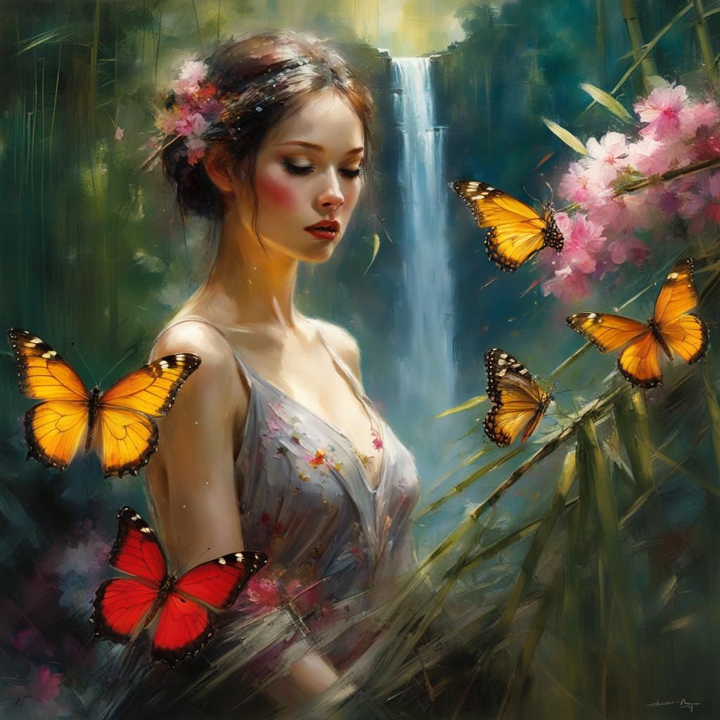 Butterfly on Bamboo Branch: Detailed Matte Painting