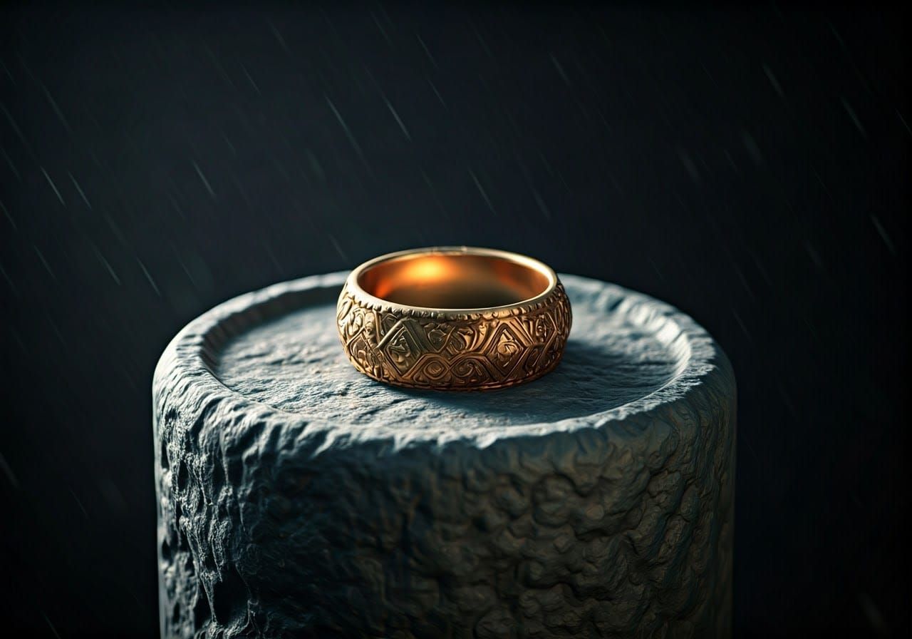 Golden Ring on Stone Pedestal: Fantasy Still Life