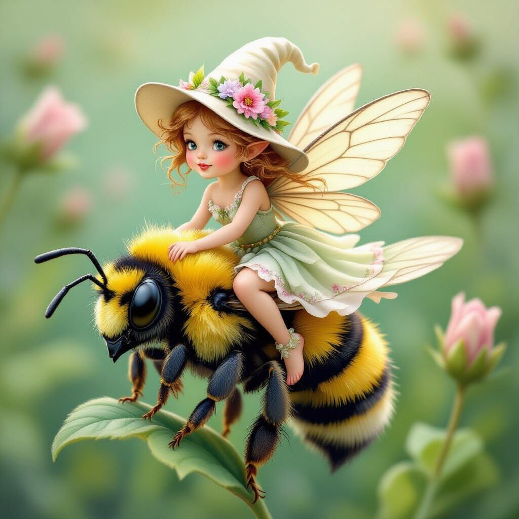 Fairy Riding a Bee in Whimsical Style