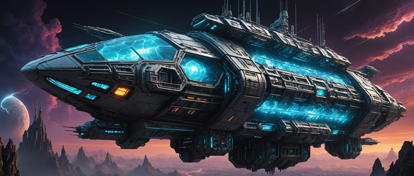 Futuristic Bioluminescent Spaceship in Dramatic Cosmic Atmos...