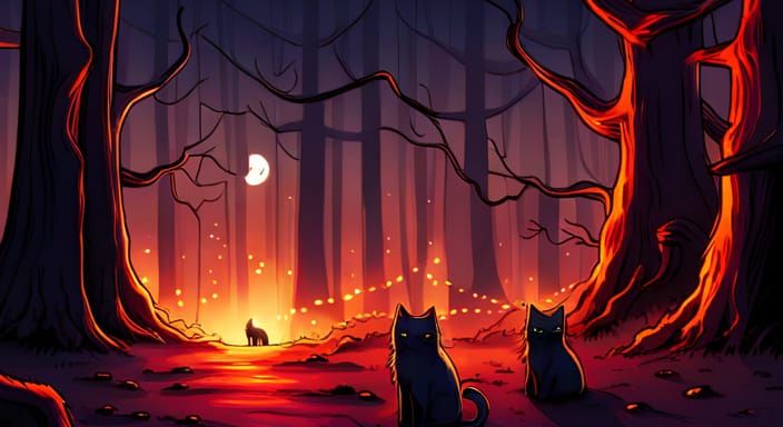 Spooky Chibi Black Cats in Horror Anime Forest