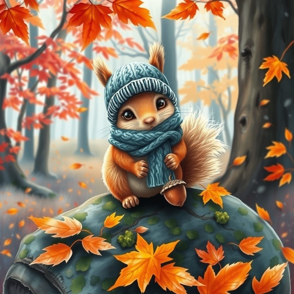 Cozy Squirrel in Autumn Forest, Watercolor Painting