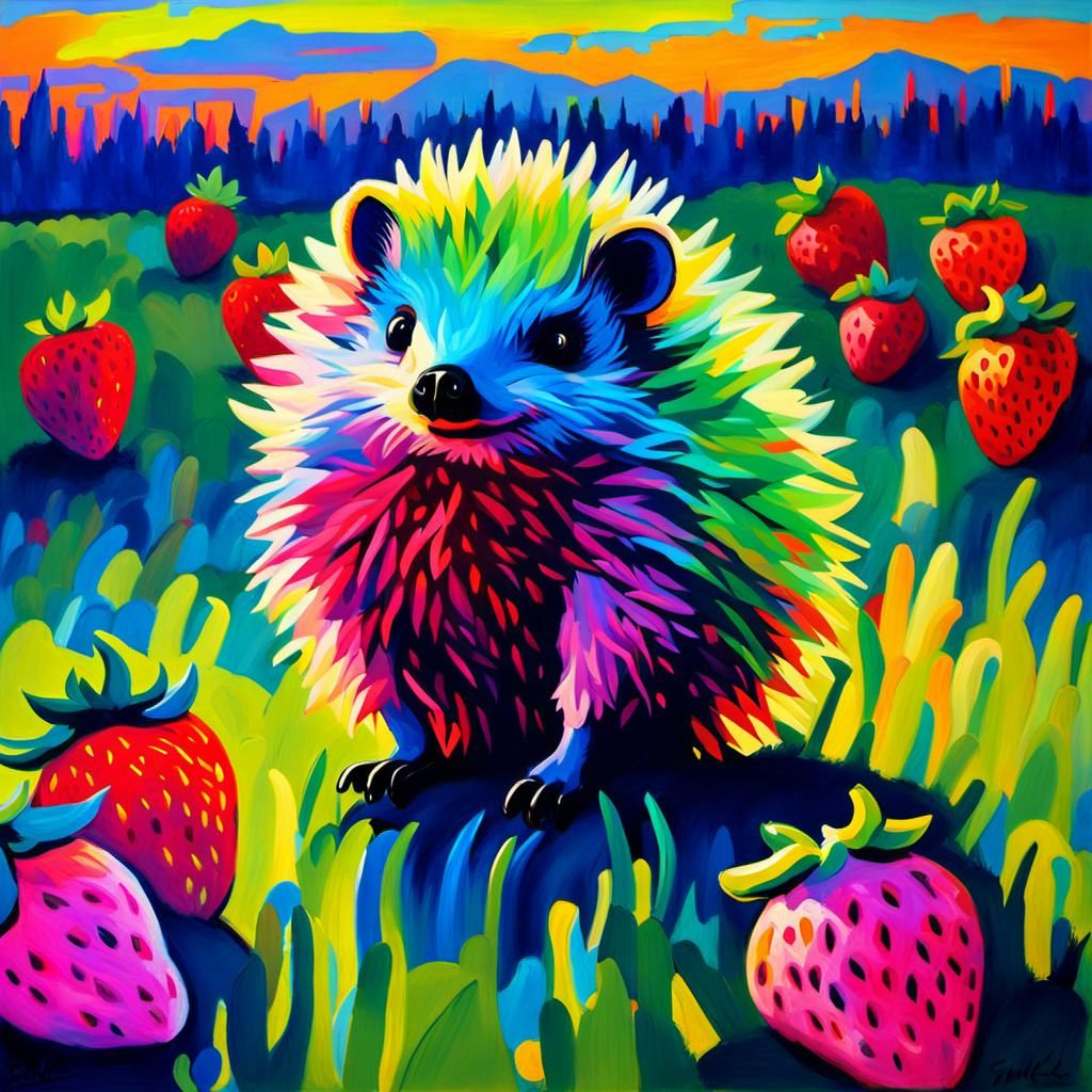 Fluorescent Hedgehog in Strawberry Field, Fauvist Painting