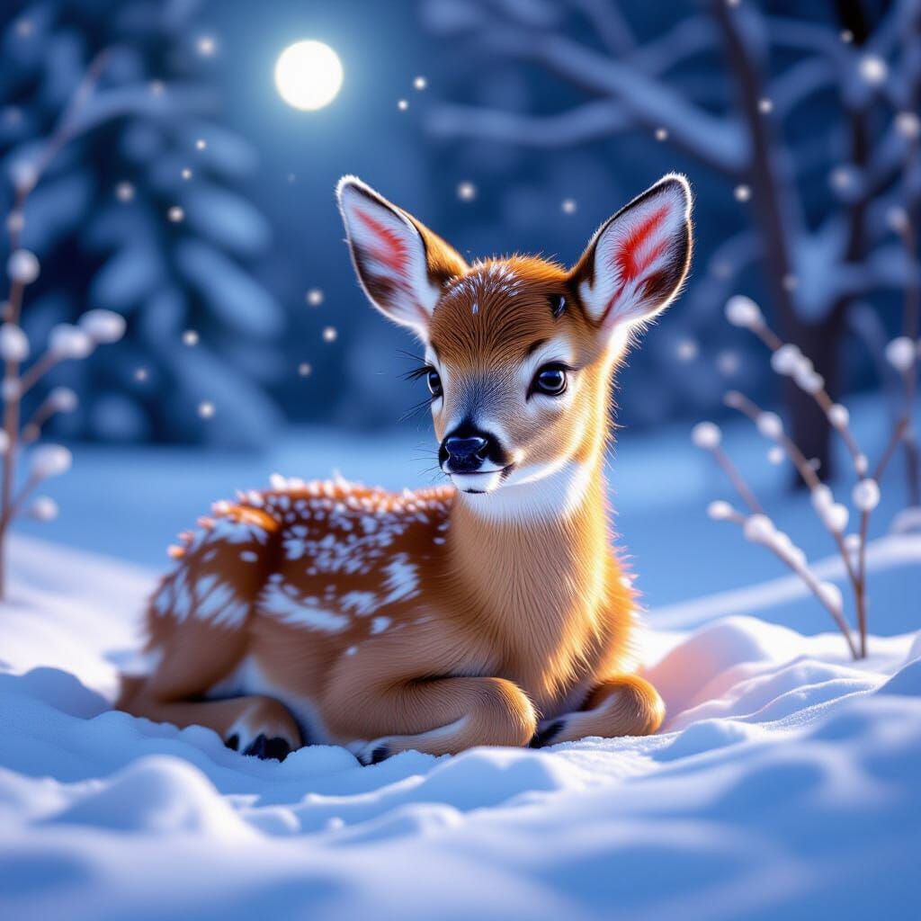 Sparkling Winter Fawn in Moonlit Snow Garden