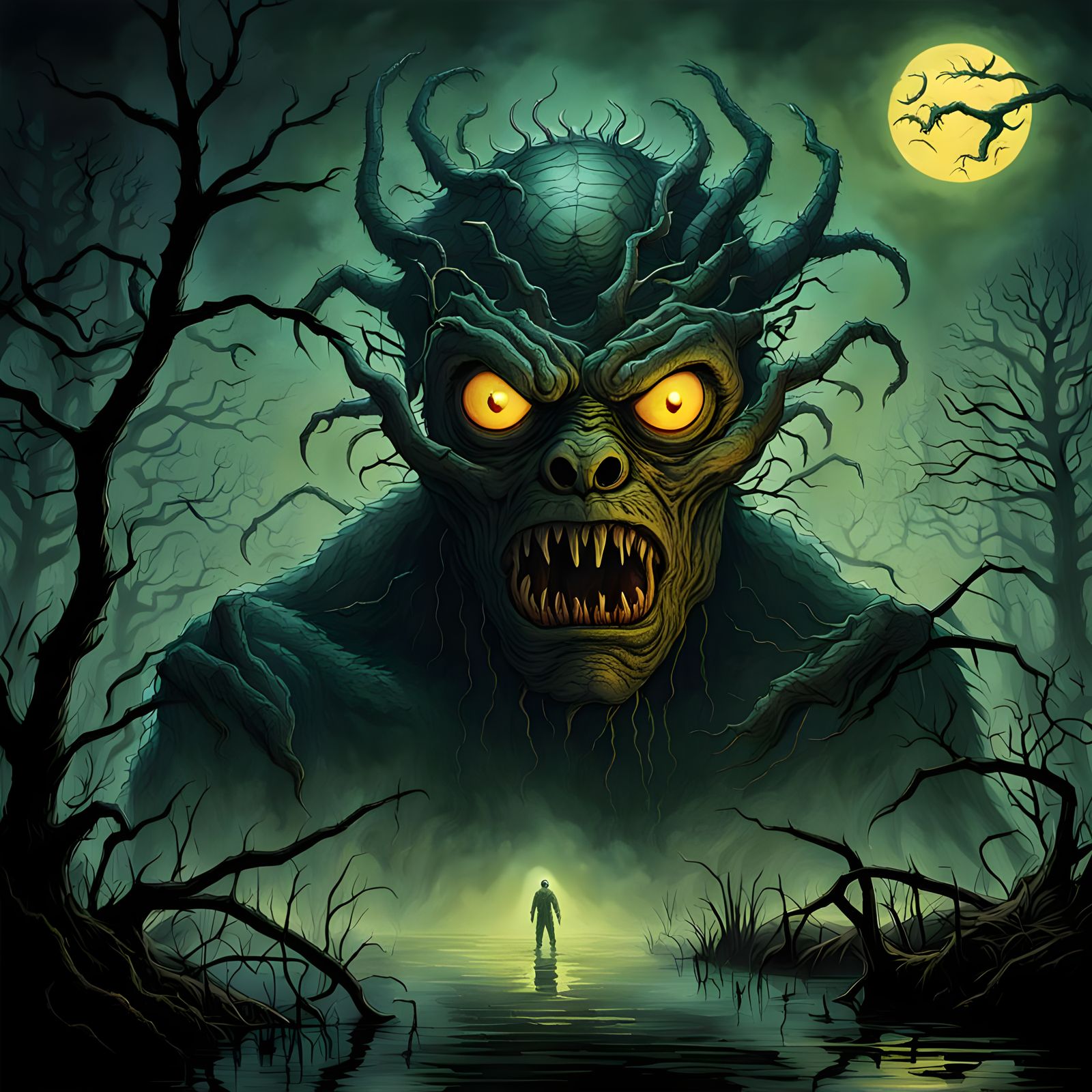 Vintage Monster Emerges from Marsh in Retro Horror Style