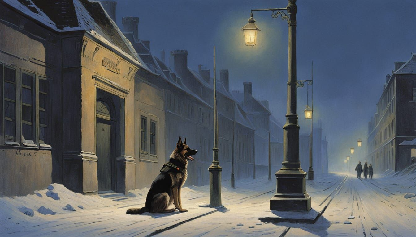 German Shepherd Dog Guards WWII German Army Building in a My...